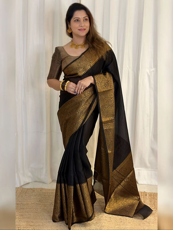 Deep Black Banarasi Woven Soft Saree with Antique Zari Border & Pallu
