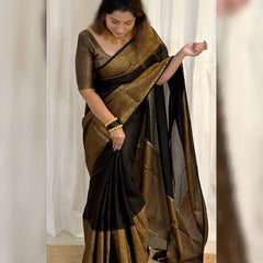 Deep Black Banarasi Woven Soft Saree with Antique Zari Border & Pallu