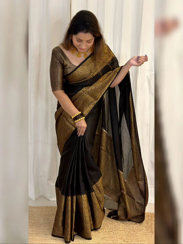 Deep Black Banarasi Woven Soft Saree with Antique Zari Border & Pallu