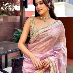 Janhvi Kapoor Inspired Baby Pink Soft Tissue Silk Saree with Handmade Cutwork Laces
