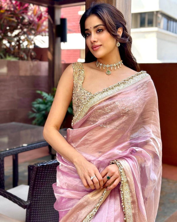 Janhvi Kapoor Inspired Baby Pink Soft Tissue Silk Saree | Unstitched Blouse Piece