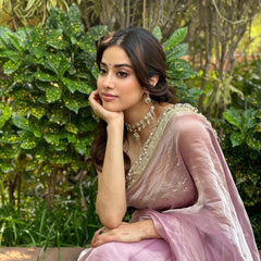 Janhvi Kapoor Inspired Baby Pink Soft Tissue Silk Saree with Handmade Cutwork Laces
