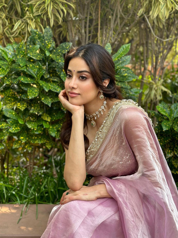 Janhvi Kapoor Inspired Baby Pink Soft Tissue Silk Saree with Handmade Cutwork Laces
