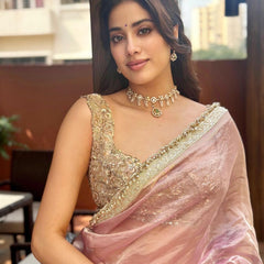 Janhvi Kapoor Inspired Baby Pink Soft Tissue Silk Saree with Handmade Cutwork Laces