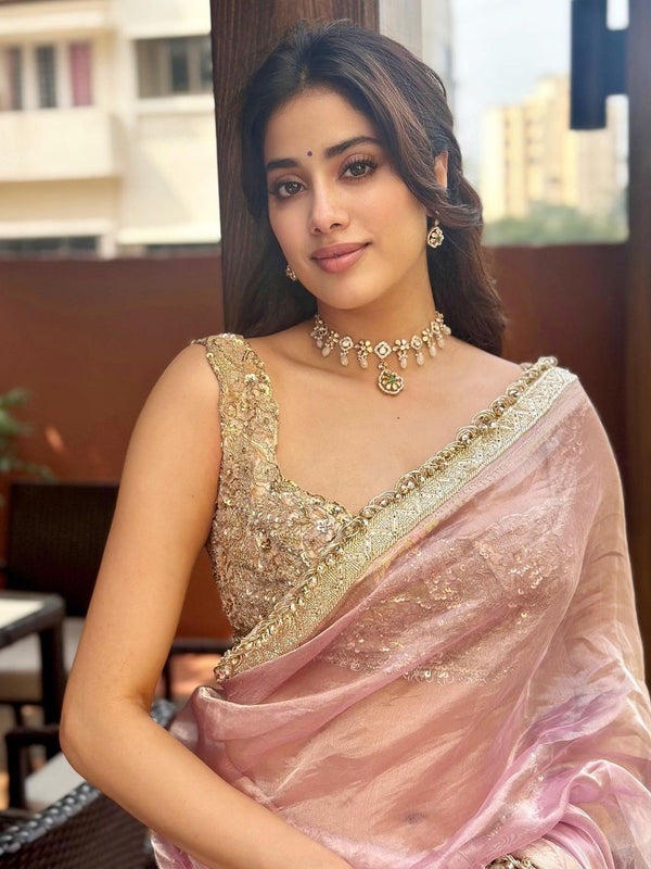 Janhvi Kapoor Inspired Baby Pink Soft Tissue Silk Saree with Handmade Cutwork Laces