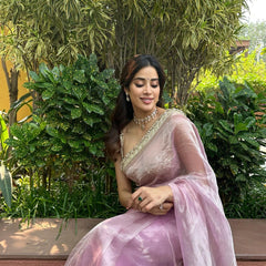 Janhvi Kapoor Inspired Baby Pink Soft Tissue Silk Saree with Handmade Cutwork Laces