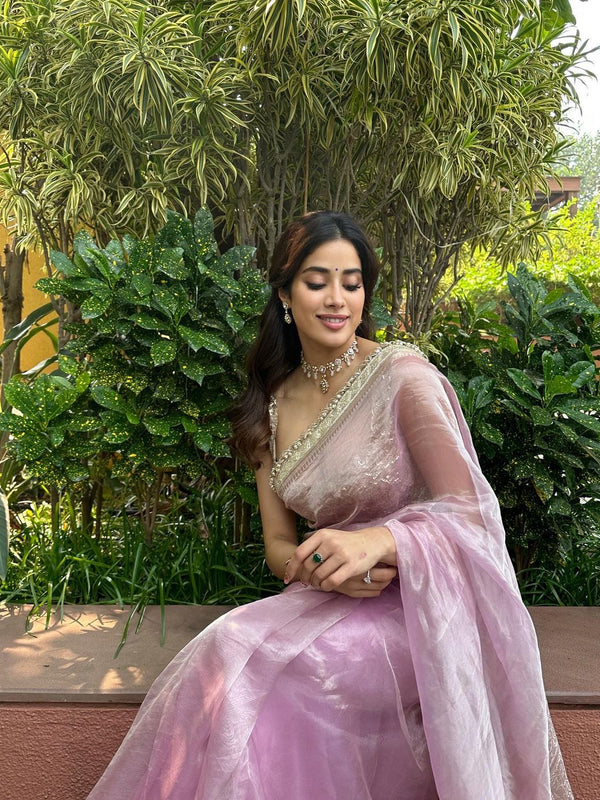 Janhvi Kapoor Inspired Baby Pink Soft Tissue Silk Saree with Handmade Cutwork Laces