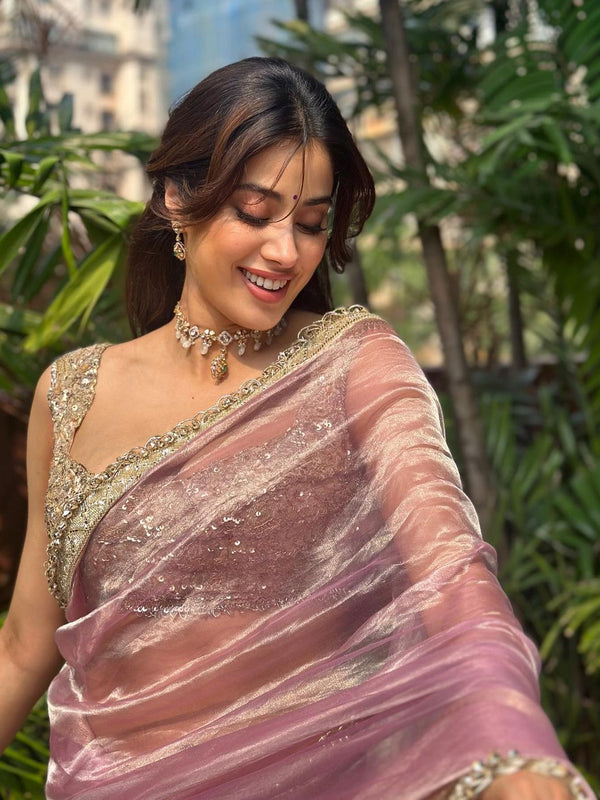 Janhvi Kapoor Inspired Baby Pink Soft Tissue Silk Saree with Handmade Cutwork Laces