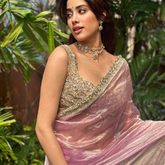 Janhvi Kapoor Inspired Baby Pink Soft Tissue Silk Saree with Handmade Cutwork Laces