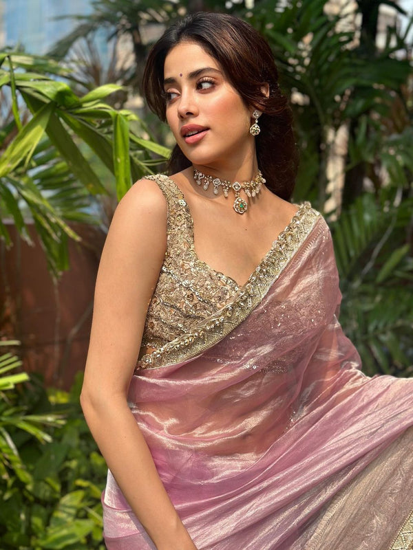 Janhvi Kapoor Inspired Baby Pink Soft Tissue Silk Saree with Handmade Cutwork Laces