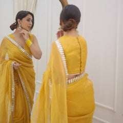 Golden Grace Sunstone Mirror Work Designer Tissue Silk Saree