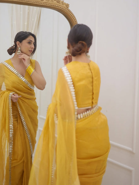 Golden Grace Sunstone Mirror Work Designer Tissue Silk Saree