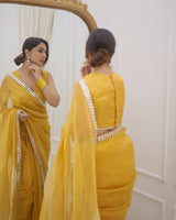 Golden Grace Sunstone Mirror Work Designer Tissue Silk Saree