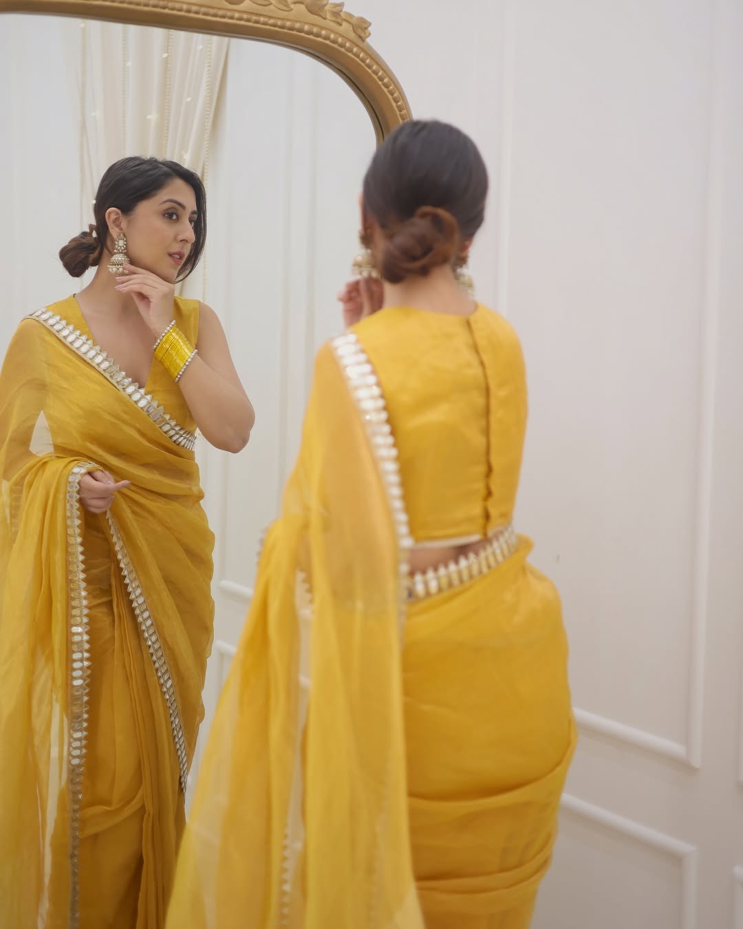 Golden Grace Sunstone Mirror Work Designer Tissue Silk Saree