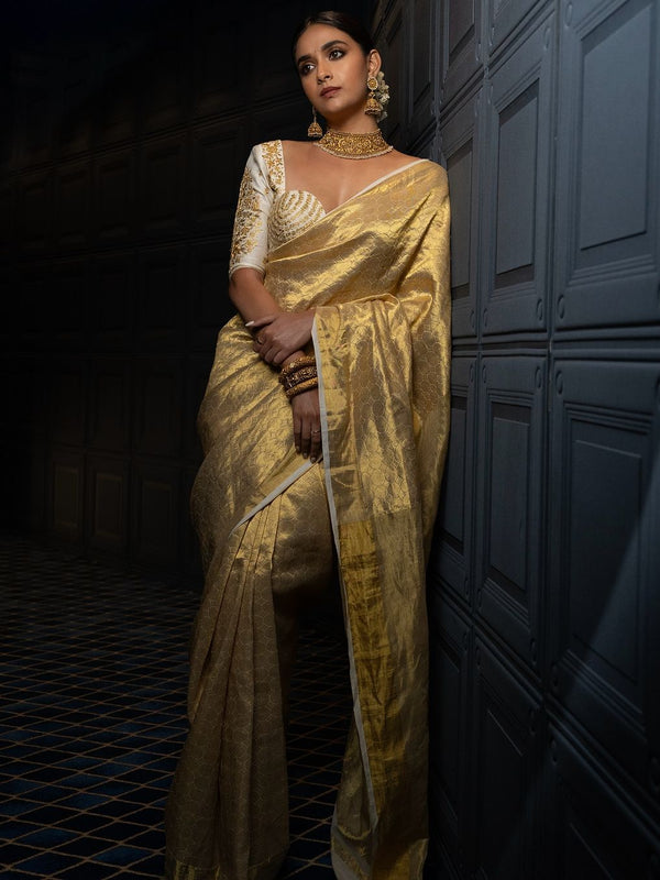 Keerthy Suresh Inspired Banarasi Soft Tissue Brocade Pattern Zari Silk Saree with Blouse Piece
