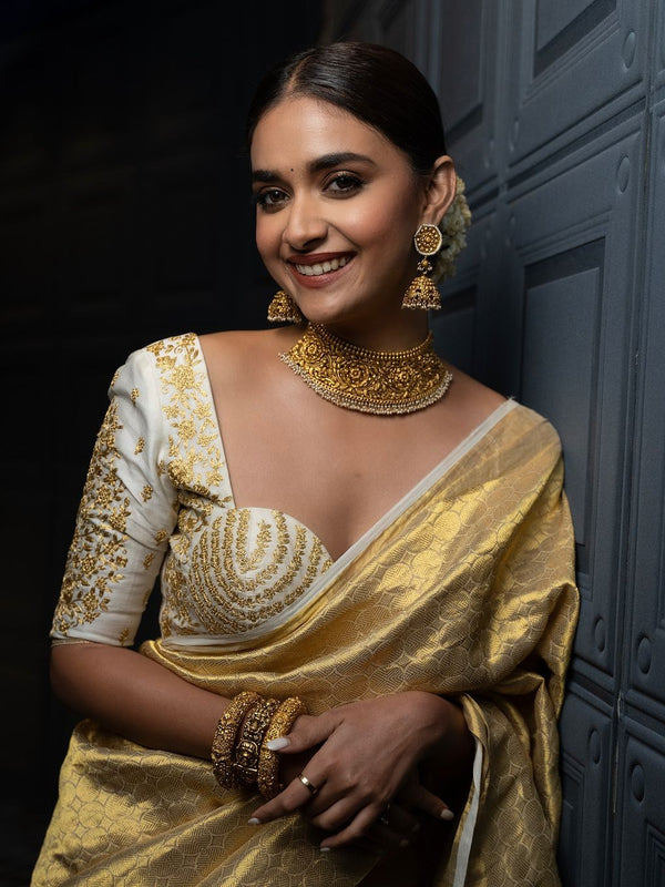 Keerthy Suresh Inspired Banarasi Soft Tissue Brocade Pattern Zari Silk Saree with Blouse Piece