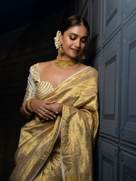 Keerthy Suresh Inspired Banarasi Soft Tissue Brocade Pattern Zari Silk Saree with Blouse Piece