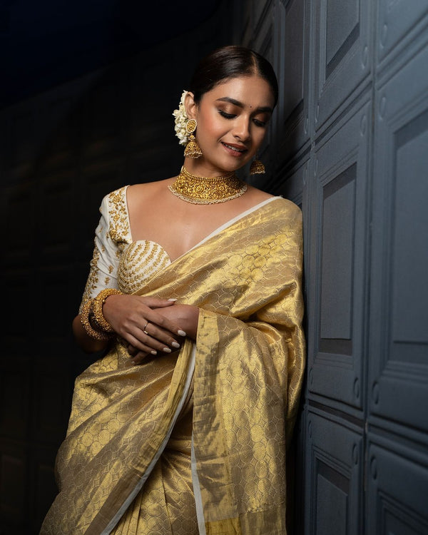 Keerthy Suresh Inspired Banarasi Soft Tissue Brocade Pattern Zari Silk Saree with Blouse Piece