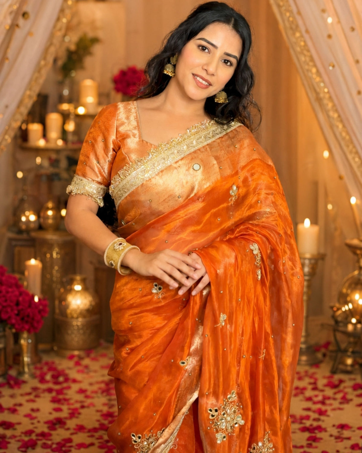 Metallic Orange Pure Tissue Silk Handcrafted Saree