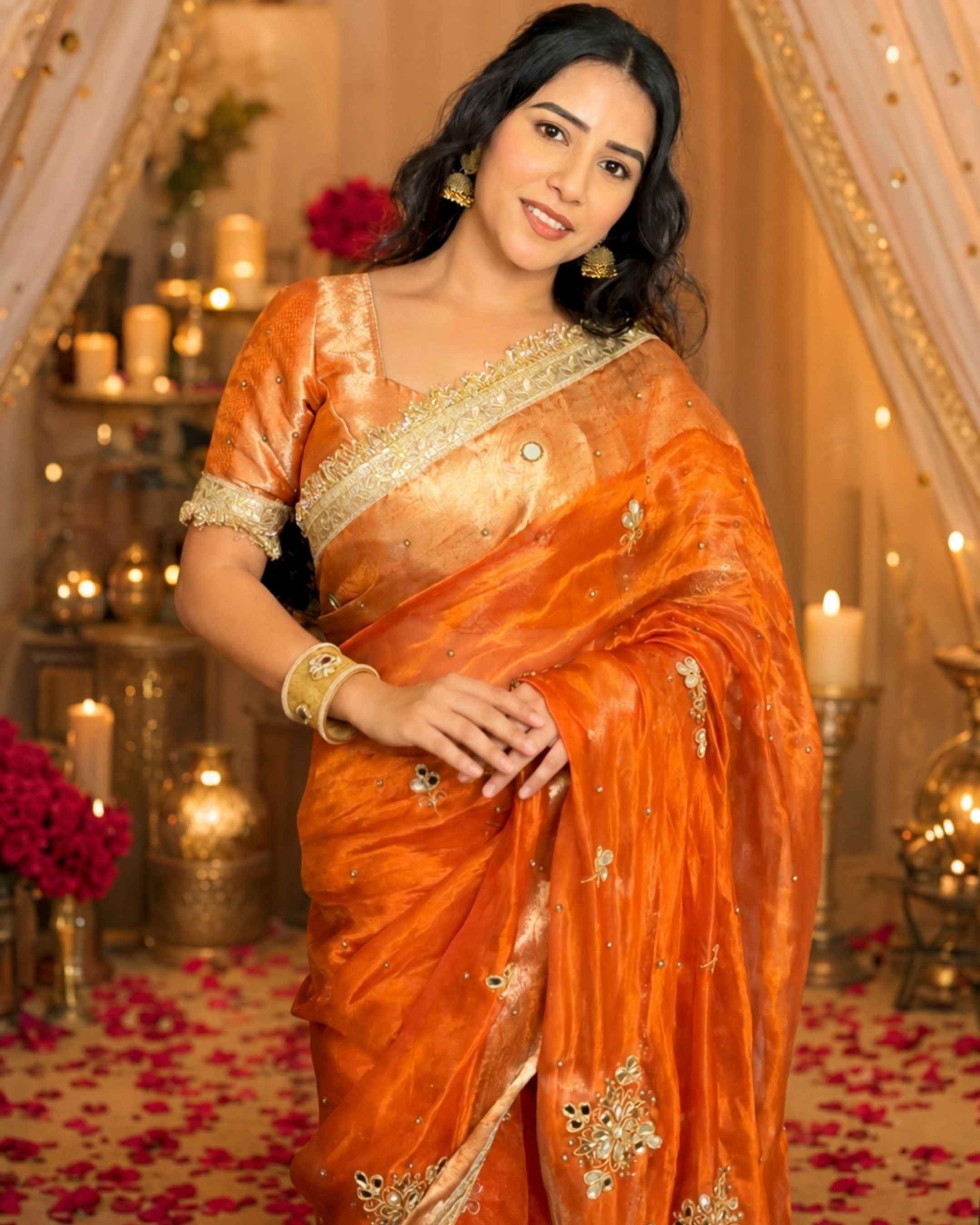 Metallic Orange Pure Tissue Silk Handcrafted Saree