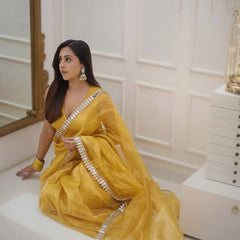 Golden Grace Sunstone Mirror Work Designer Tissue Silk Saree