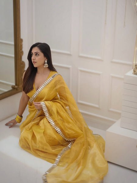 Golden Grace Sunstone Mirror Work Designer Tissue Silk Saree