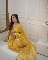 Golden Grace Sunstone Mirror Work Designer Tissue Silk Saree