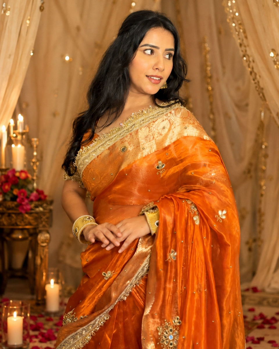 Metallic Orange Pure Tissue Silk Handcrafted Saree