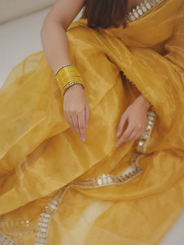 Golden Grace Sunstone Mirror Work Designer Tissue Silk Saree