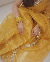 Golden Grace Sunstone Mirror Work Designer Tissue Silk Saree