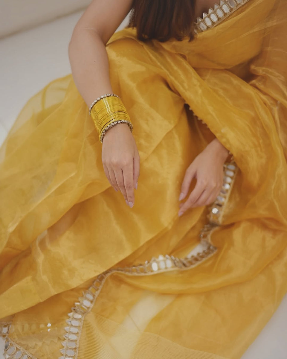 Golden Grace Sunstone Mirror Work Designer Tissue Silk Saree