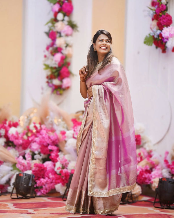 Hot Pink Designer Tissue Silk Saree With Handcrafted Gota Patti Lace Motifs