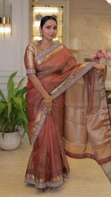 Celebrity-Inspired Wine Red Stripe Tissue Silk Saree with Stone Zardozi Work