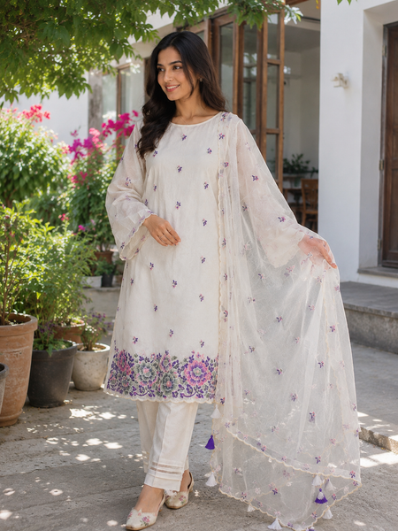 Mehr Mul Chanderi Suit Un-stitched – Violet Blossom