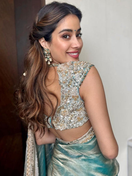 Janhvi Kapoor Inspired Aqua Blue Soft Tissue Silk Saree | Unstitched Blouse Piece