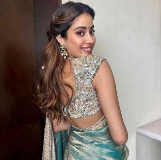 Janhvi Kapoor Inspired Aqua Blue Soft Tissue Silk Saree | Unstitched Blouse Piece