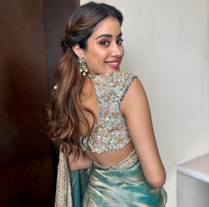 Janhvi Kapoor Inspired Aqua Blue Soft Tissue Silk Saree | Unstitched Blouse Piece