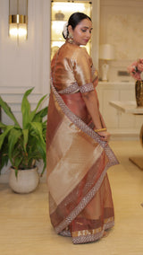 Celebrity-Inspired Wine Red Stripe Tissue Silk Saree with Stone Zardozi Work