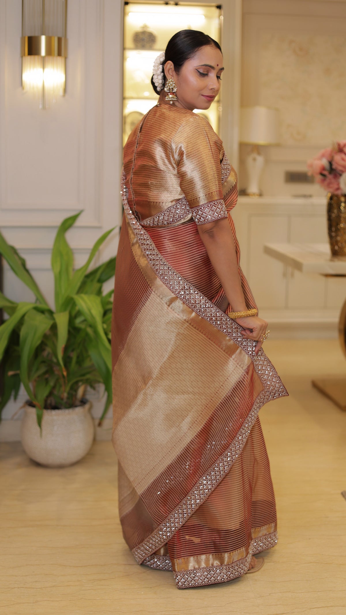 Celebrity-Inspired Wine Red Stripe Tissue Silk Saree with Stone Zardozi Work