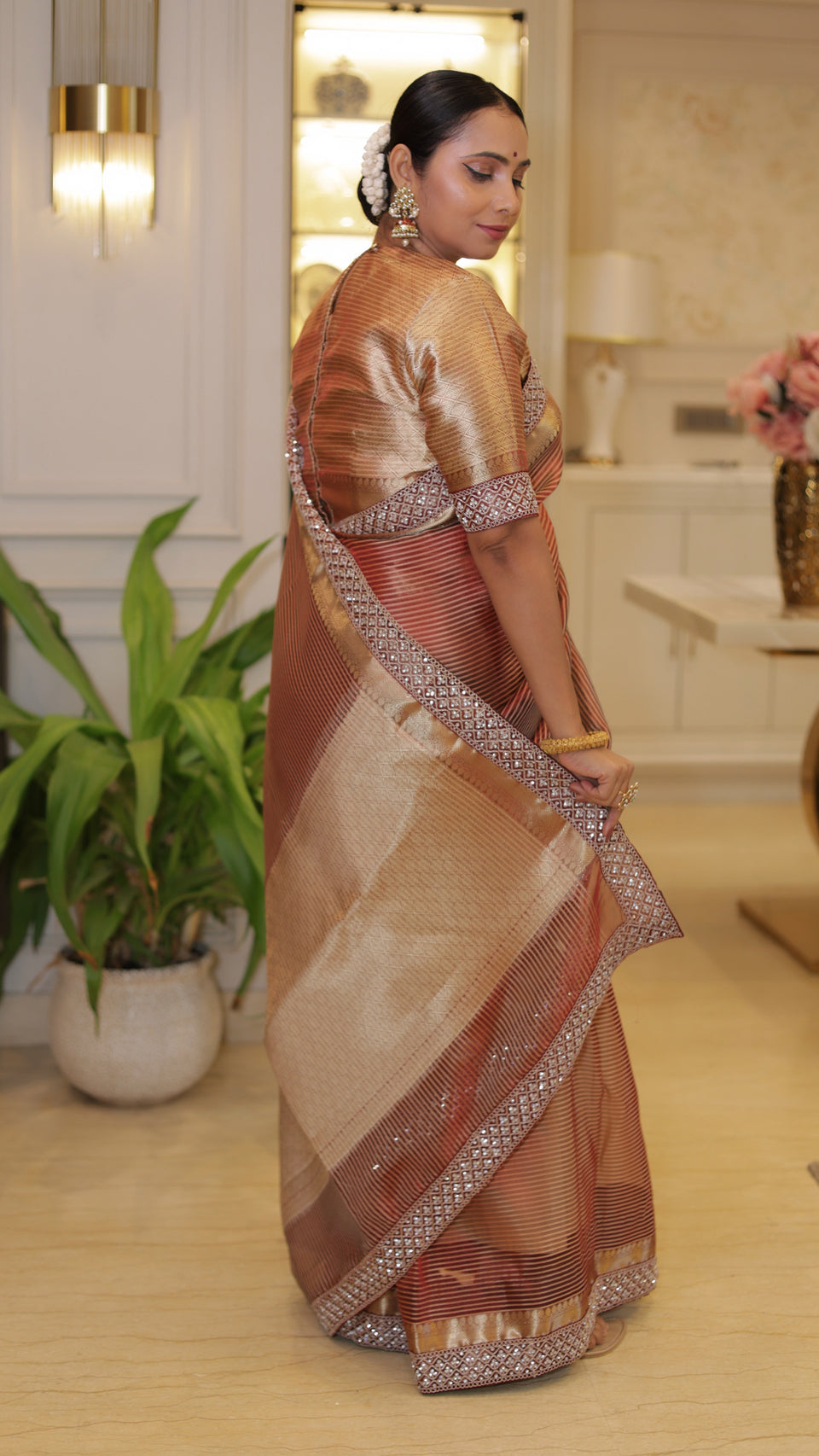 Celebrity-Inspired Wine Red Stripe Tissue Silk Saree with Stone Zardozi Work