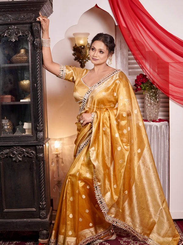 Mustard Gold Banarasi Varnika Tissue Silk Mirror Work Saree