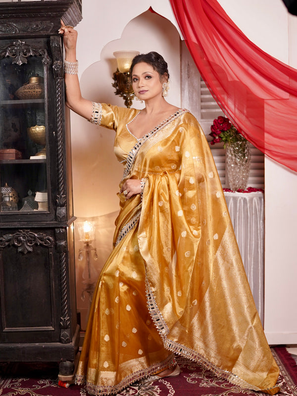 Mustard Gold Banarasi Varnika Tissue Silk Mirror Work Saree