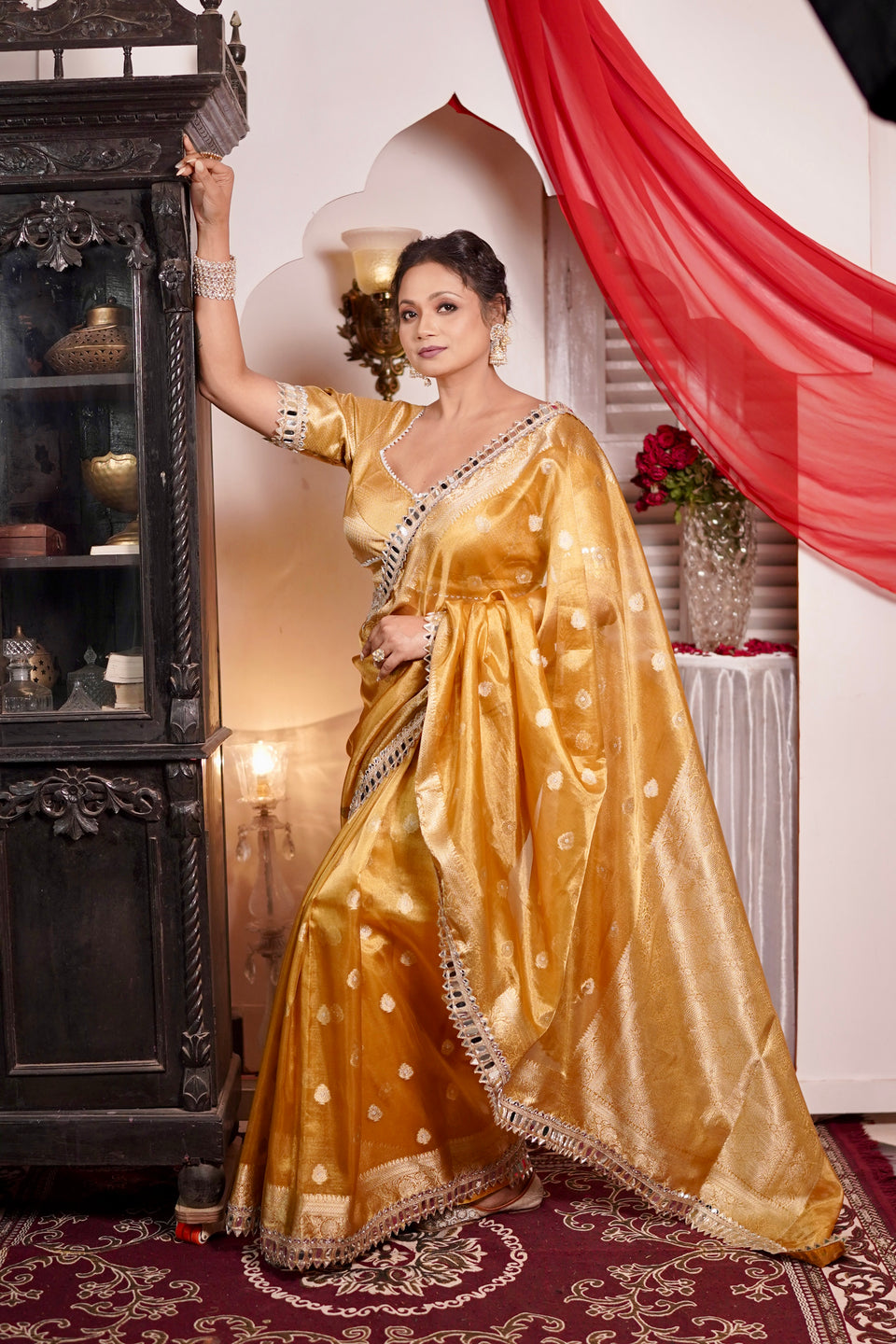 Mustard Gold Banarasi Varnika Tissue Silk Mirror Work Saree