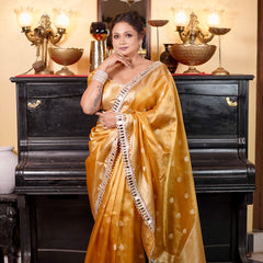 Mustard Gold Banarasi Varnika Tissue Silk Mirror Work Saree