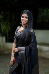 Black Classic Banarasi Woven Soft Saree with Antique Zari Borders
