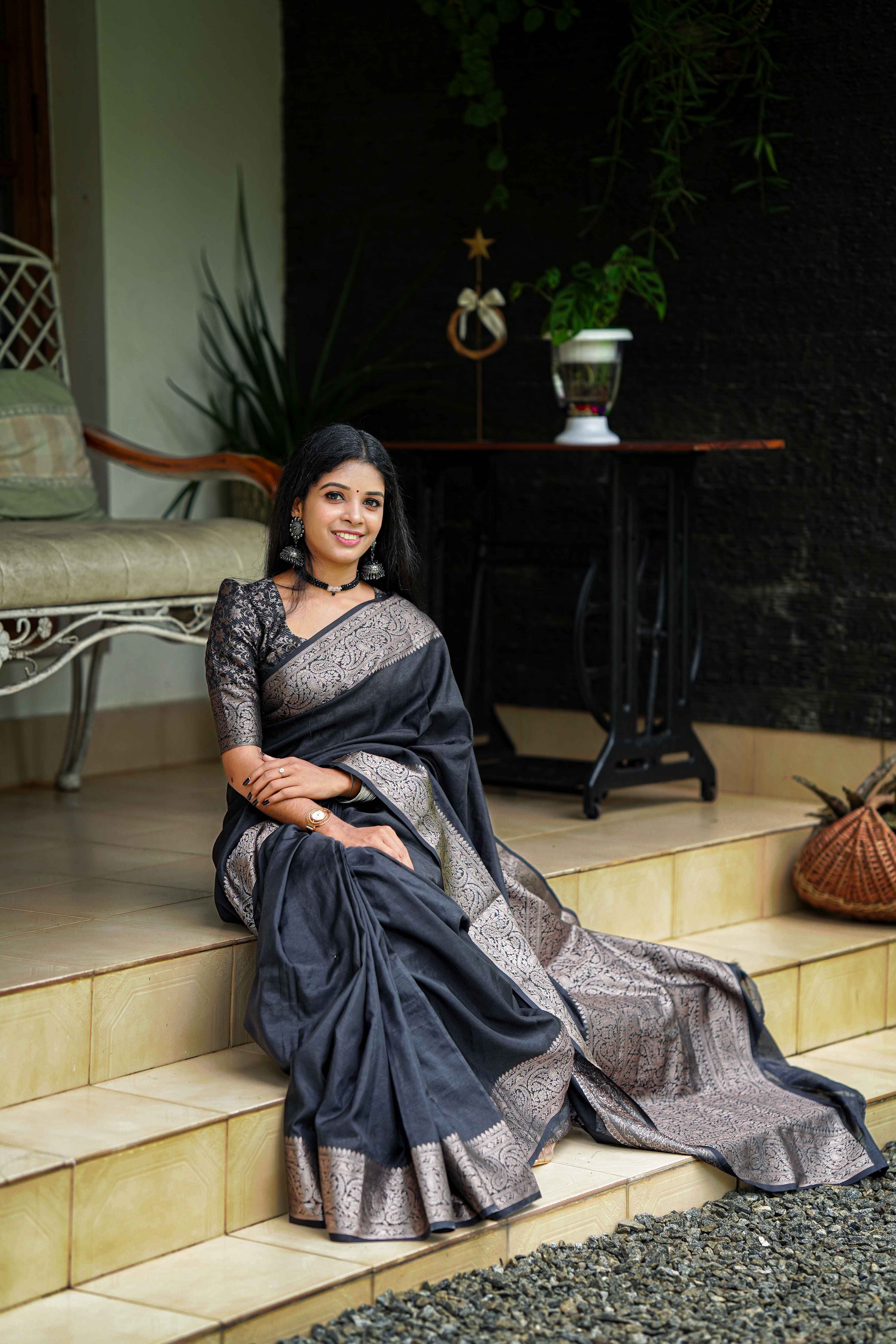 Black Classic Banarasi Woven Soft Saree with Antique Zari Borders