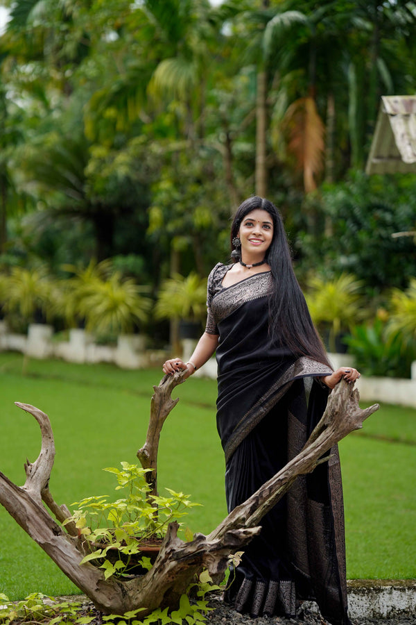 Black Classic Banarasi Woven Soft Saree with Antique Zari Borders