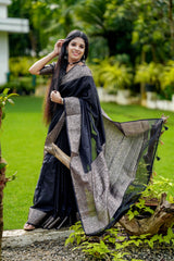 Black Classic Banarasi Woven Soft Saree with Antique Zari Borders
