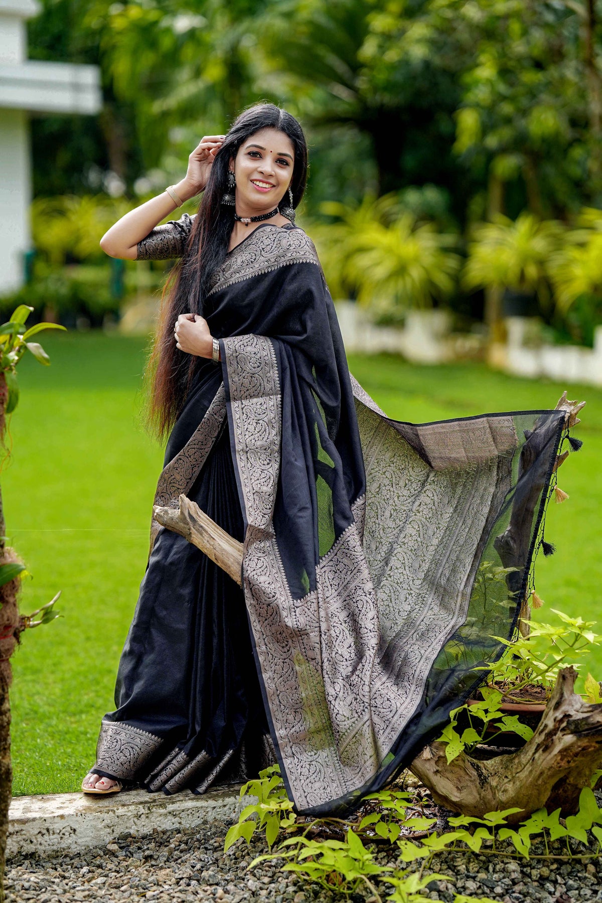 Black Classic Banarasi Woven Soft Saree with Antique Zari Borders