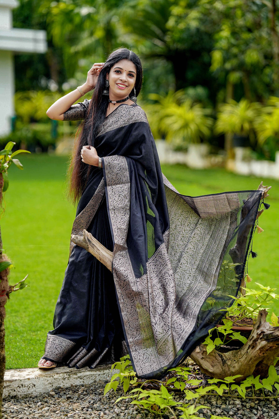 Black Classic Banarasi Woven Soft Saree with Antique Zari Borders